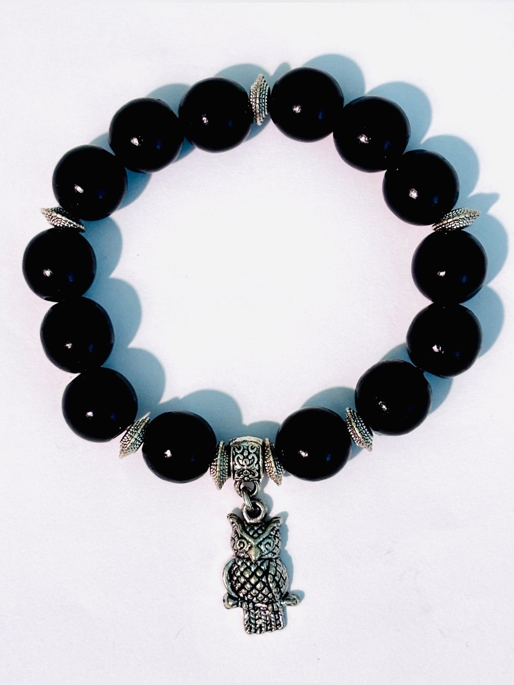 Vintage Boho Black Wood Bead Stretch Bracelet Antiqued Silver Lucky Owl Charm